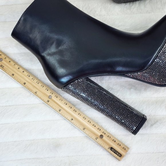 Nikki Black Leatherette Rhinestone Platform Chunky Heel Ankle Boots - Picture 3 of 17